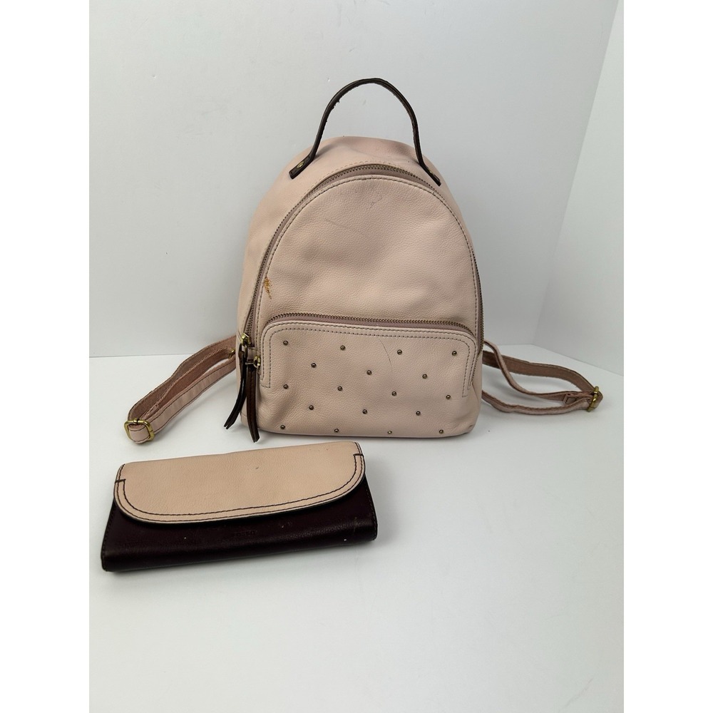Fossil Studded Light Pink Backpack Brown Straps Gold Hardware Wallet Set